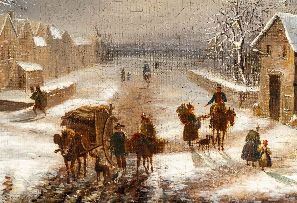 Louis-claude Malbranche (1790-1838) Scène De Vie à La Campagne Sous La Neige Huile Sur Toile-photo-3