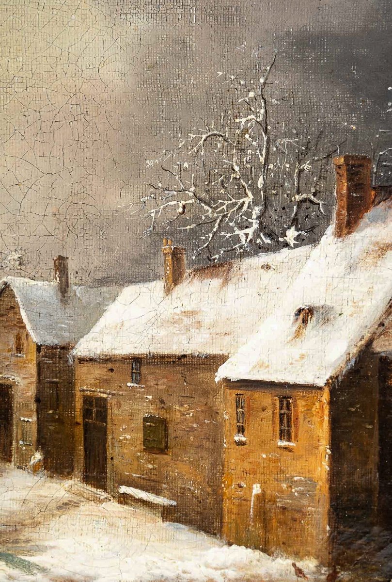 Louis-claude Malbranche (1790-1838) Scène De Vie à La Campagne Sous La Neige Huile Sur Toile-photo-1