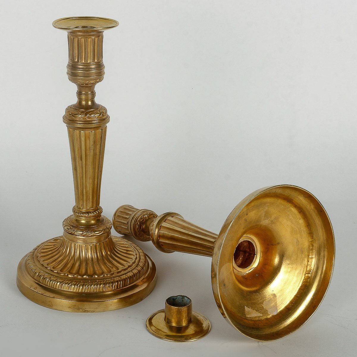 Pair Of French Louis XVI Period Fluted Gilt-bronze Candlesticks Mounted As Table-lamps-photo-3