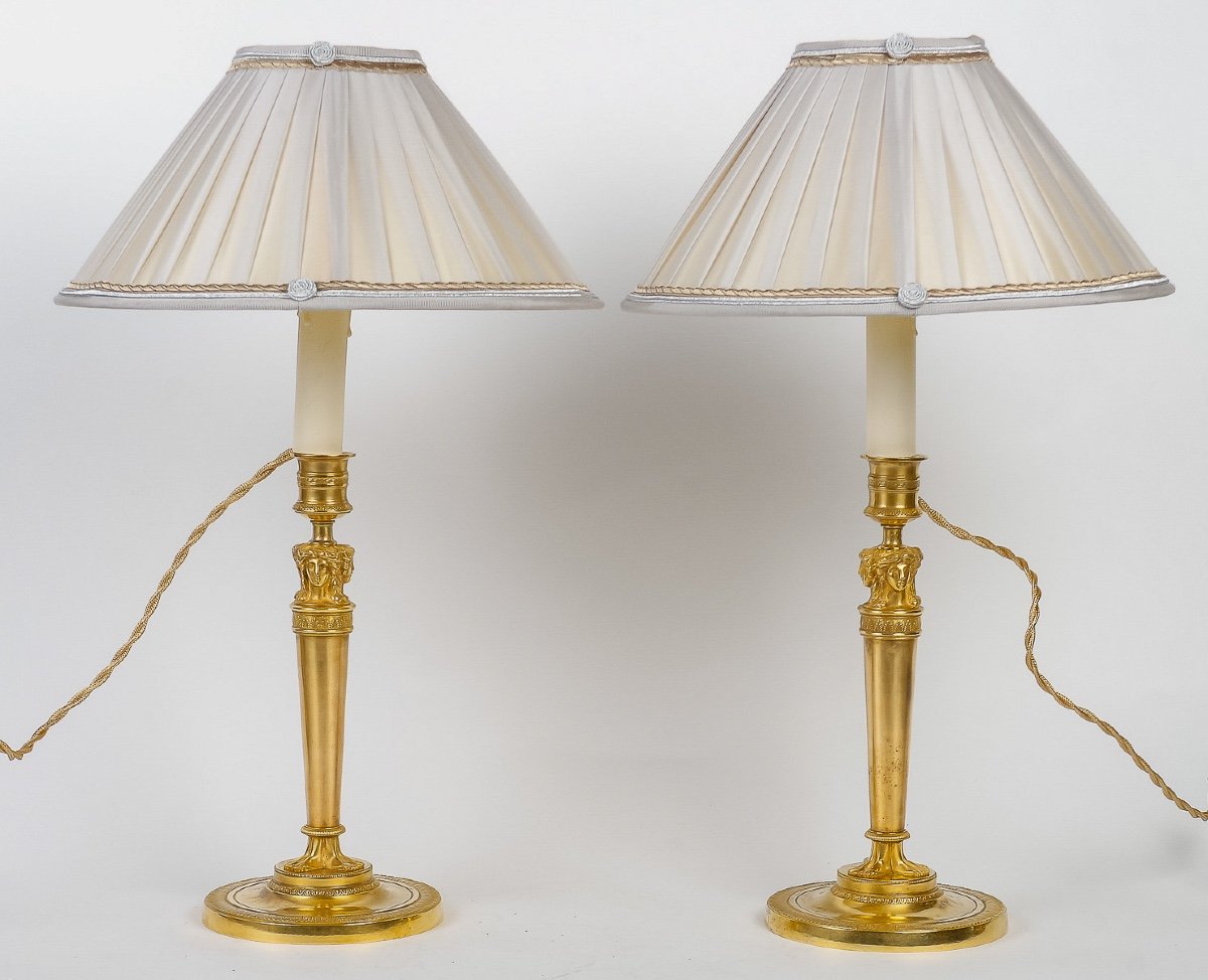 Pair Of Candlesticks With Female Busts Mounted As Lamps Attributed To Claude Galle Circa 1810