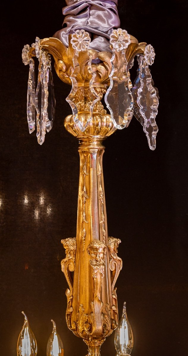 Signed Victor Raulin (1867-1925), Chandelier Aux Amours Circa 1880 In Gilt Bronze And Cut Crystal-photo-2