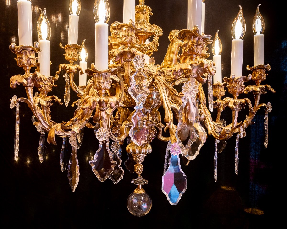 Signed Victor Raulin (1867-1925), Chandelier Aux Amours Circa 1880 In Gilt Bronze And Cut Crystal-photo-4