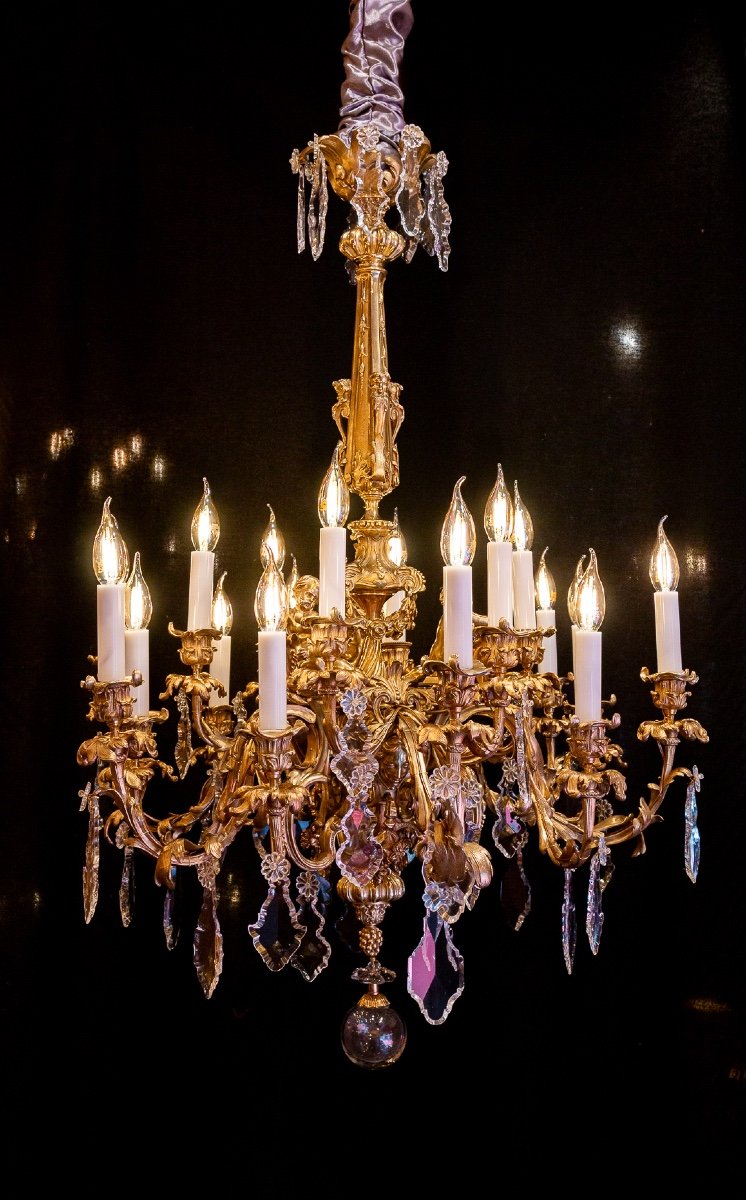 Signed Victor Raulin (1867-1925), Chandelier Aux Amours Circa 1880 In Gilt Bronze And Cut Crystal-photo-8