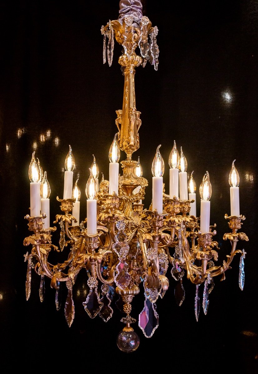 Signed Victor Raulin (1867-1925), Chandelier Aux Amours Circa 1880 In Gilt Bronze And Cut Crystal