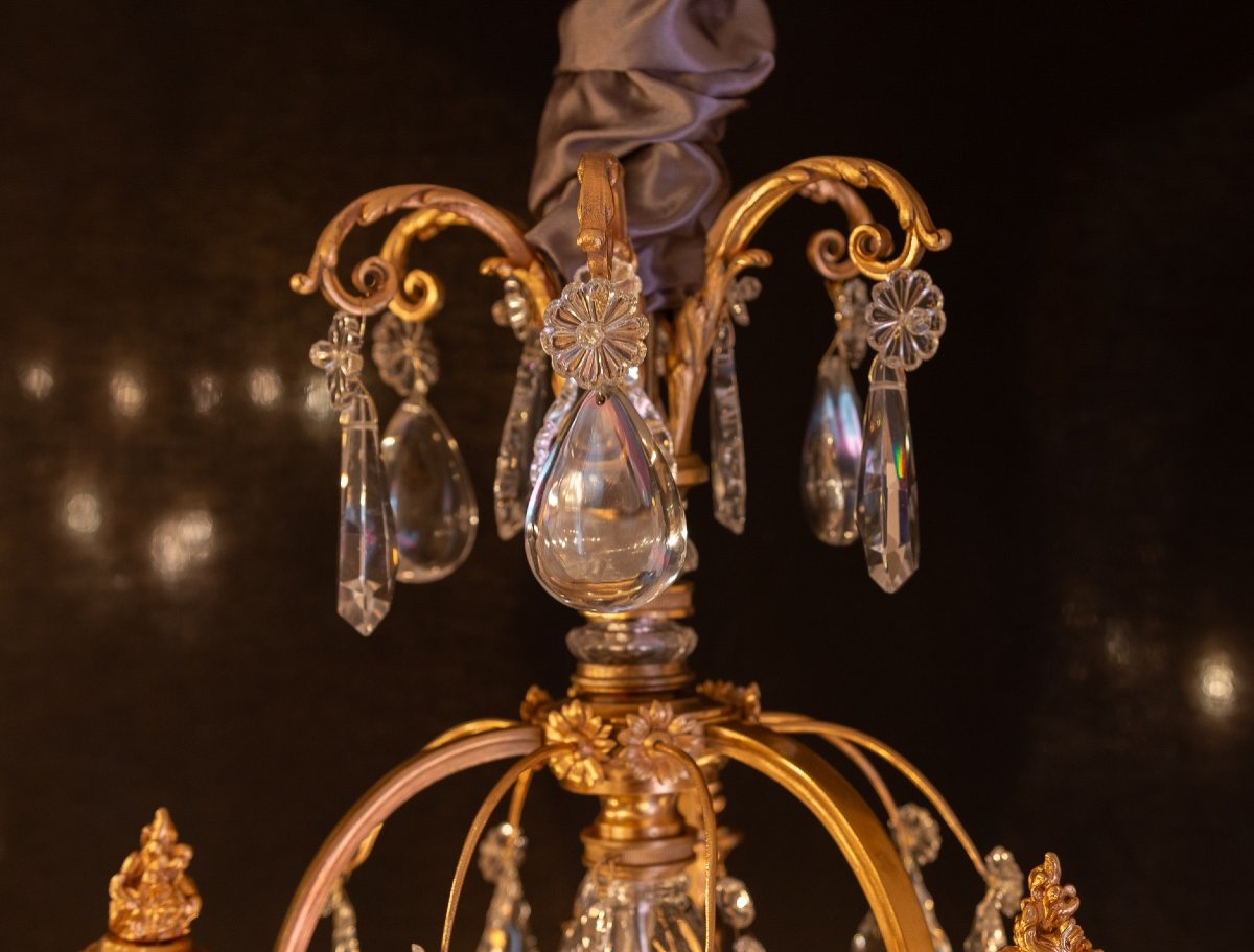 Signed Baccarat, Louis XVI Style Chandelier With Fire Pots In Gilt Bronze And Cut Crystal-photo-2