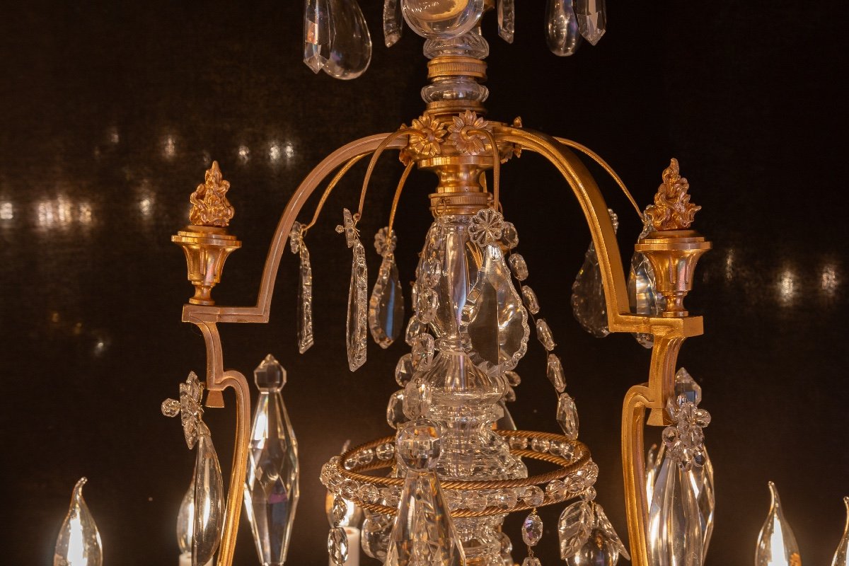 Signed Baccarat, Louis XVI Style Chandelier With Fire Pots In Gilt Bronze And Cut Crystal-photo-3