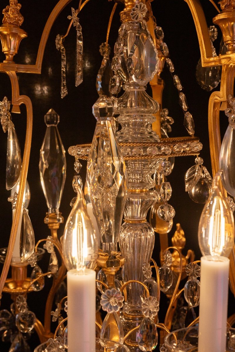 Signed Baccarat, Louis XVI Style Chandelier With Fire Pots In Gilt Bronze And Cut Crystal-photo-4