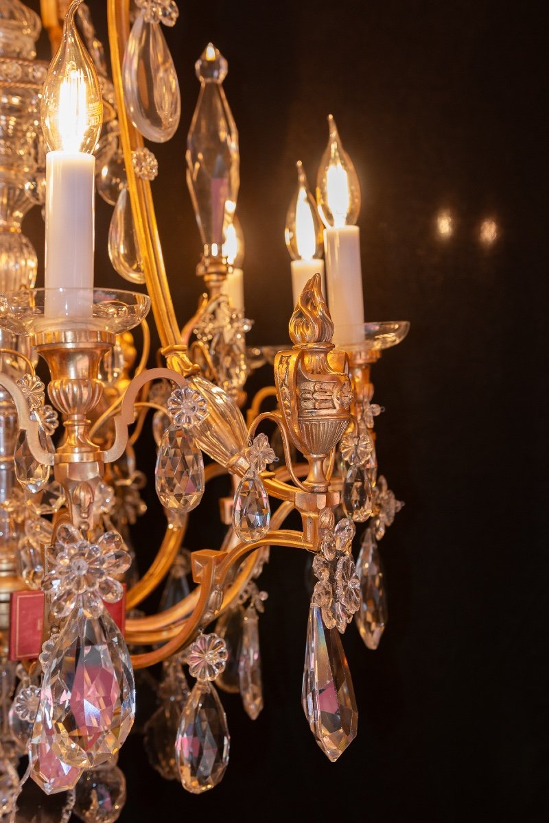 Signed Baccarat, Louis XVI Style Chandelier With Fire Pots In Gilt Bronze And Cut Crystal-photo-4