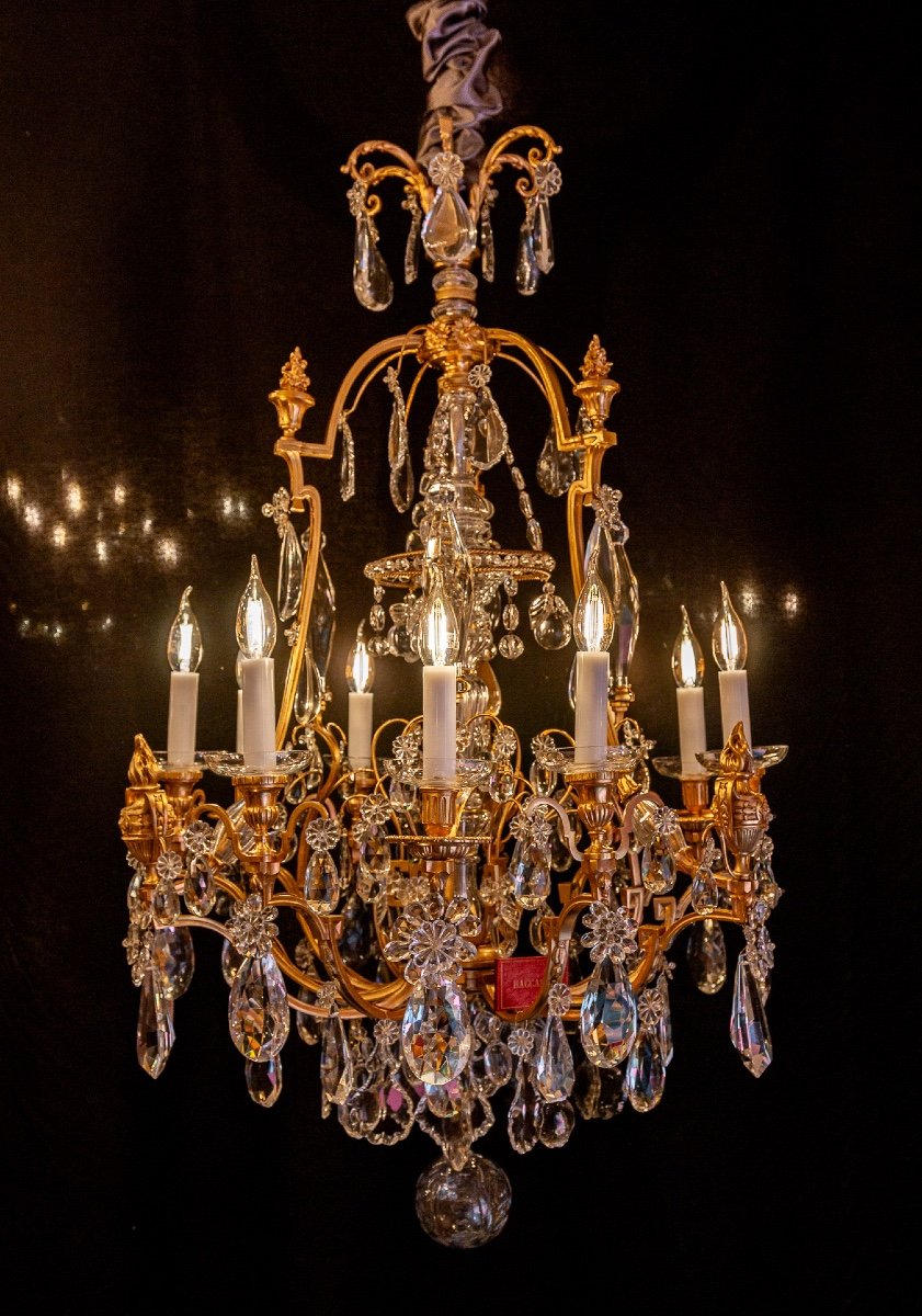 Signed Baccarat, Louis XVI Style Chandelier With Fire Pots In Gilt Bronze And Cut Crystal-photo-8