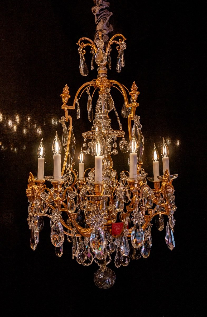 Signed Baccarat, Louis XVI Style Chandelier With Fire Pots In Gilt Bronze And Cut Crystal