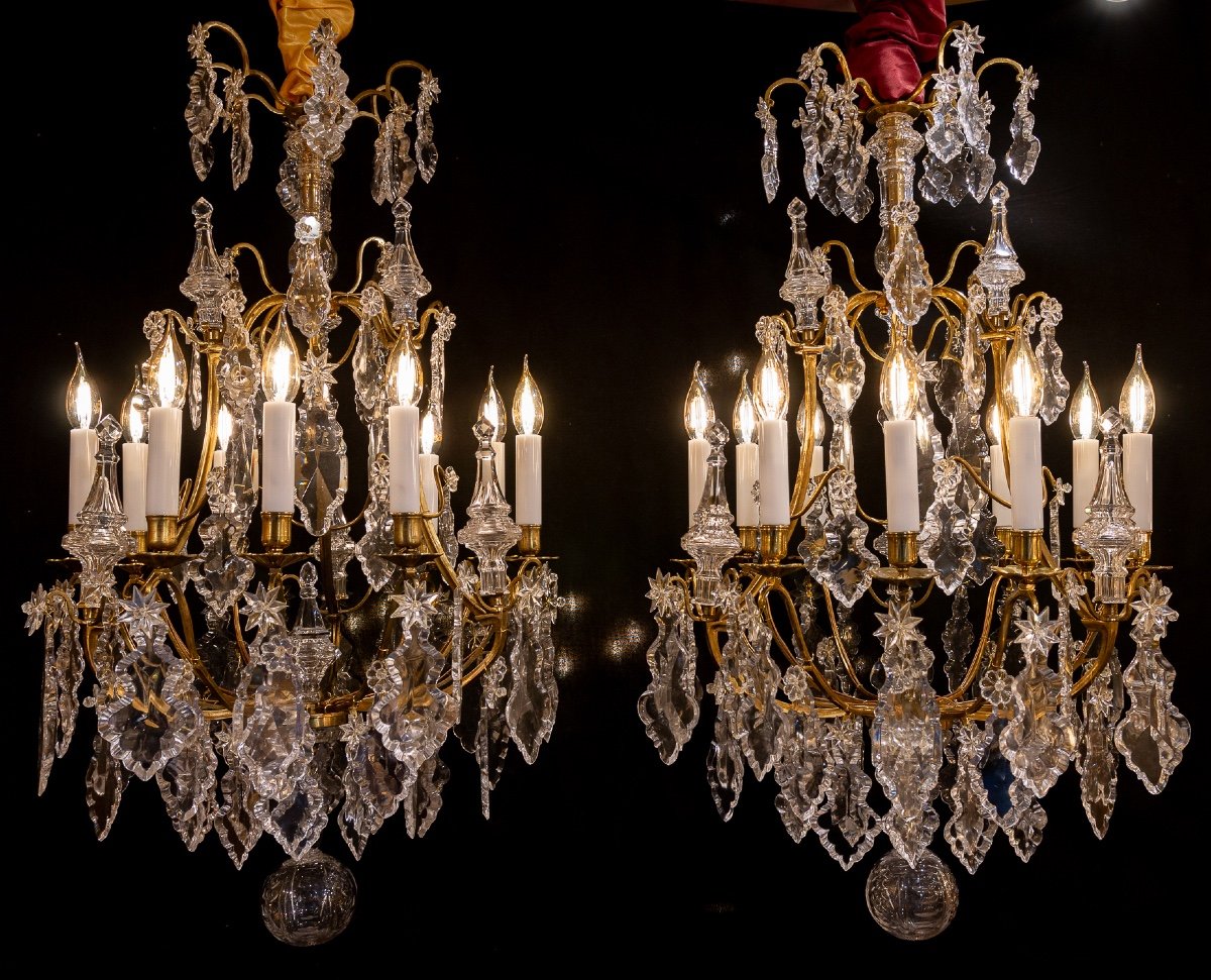 Signé Baccarat Paire De Lustres De Style Louis XV En Bronze Doré Et Cristal Vers 1880-1890-photo-8