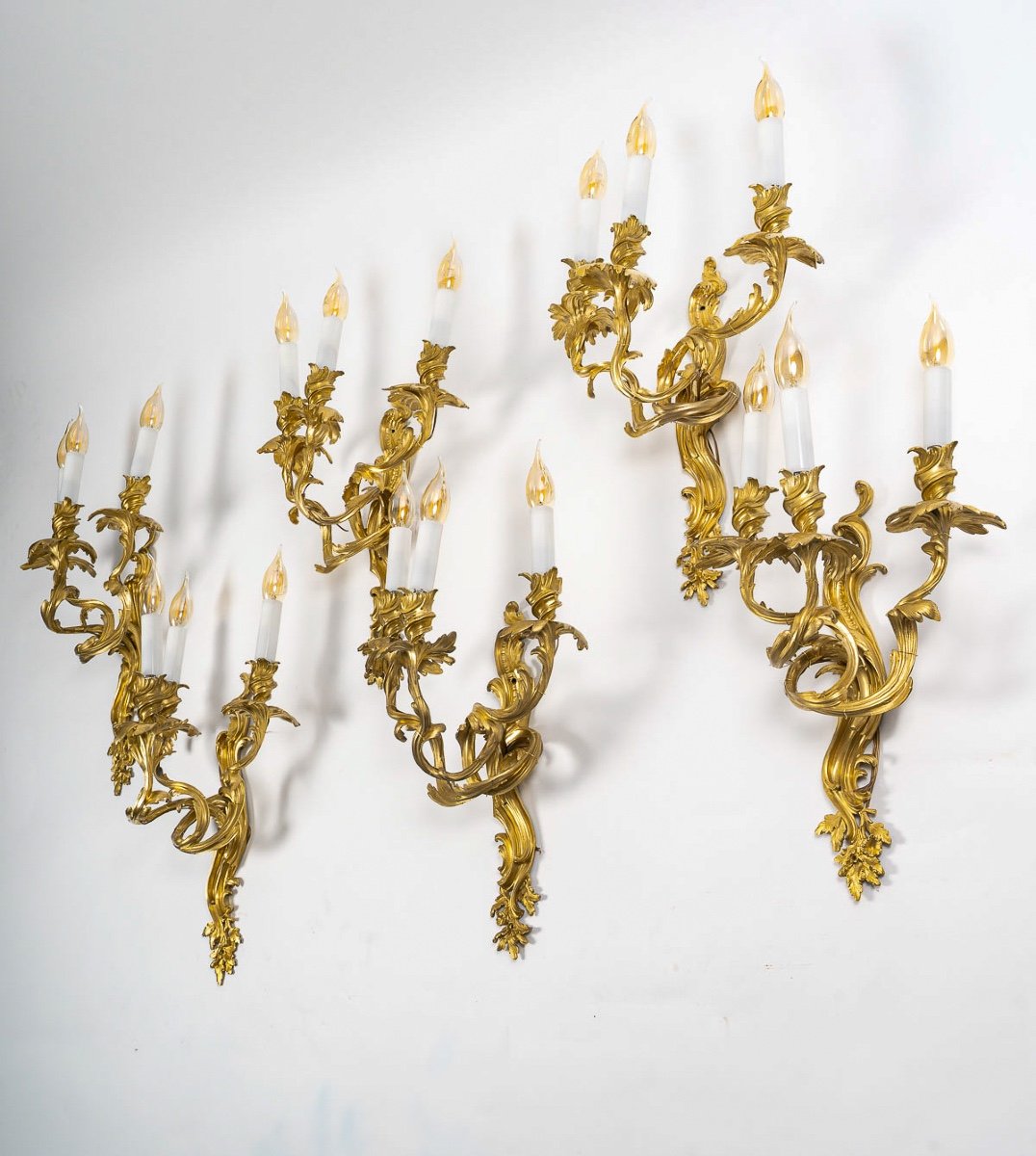 Set Of Six French Louis XV-style Chiseled Gilt-bronze Sconces Circa 1880-1890-photo-2