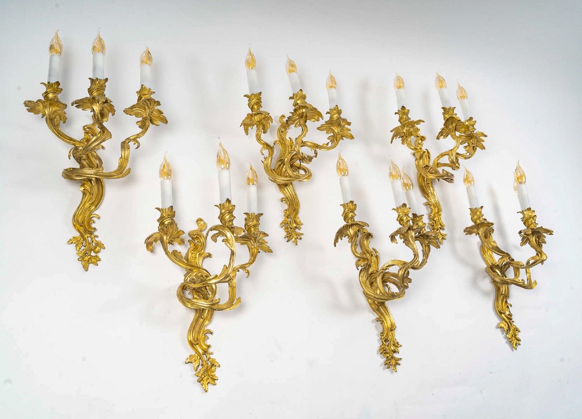 Set Of Six French Louis XV-style Chiseled Gilt-bronze Sconces Circa 1880-1890-photo-7