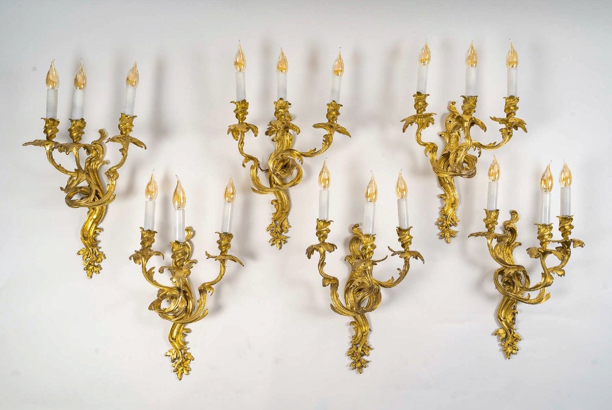 Set Of Six French Louis XV-style Chiseled Gilt-bronze Sconces Circa 1880-1890