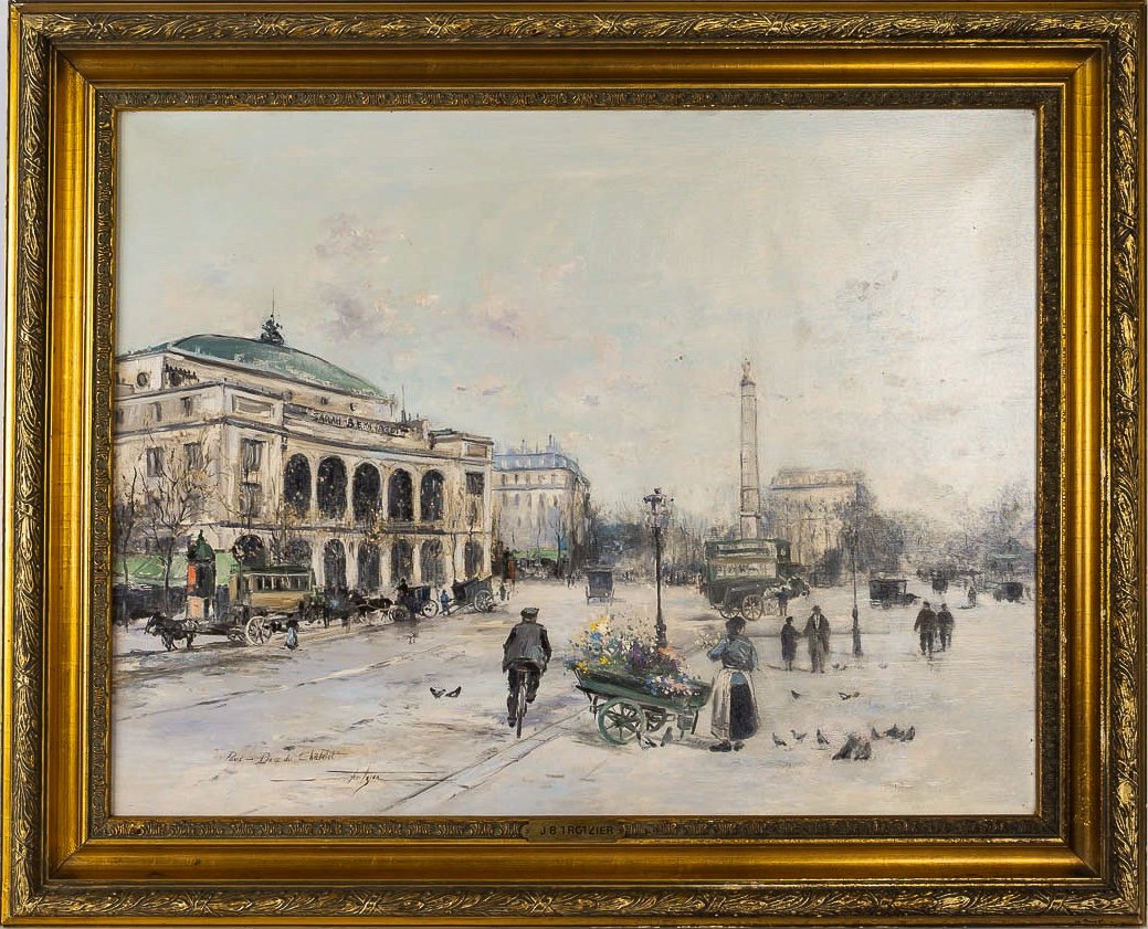 Jean Bernard Trotzier La Marchande De Fleurs Ambulante Place Du Châtelet Huile Sur Toile XXème