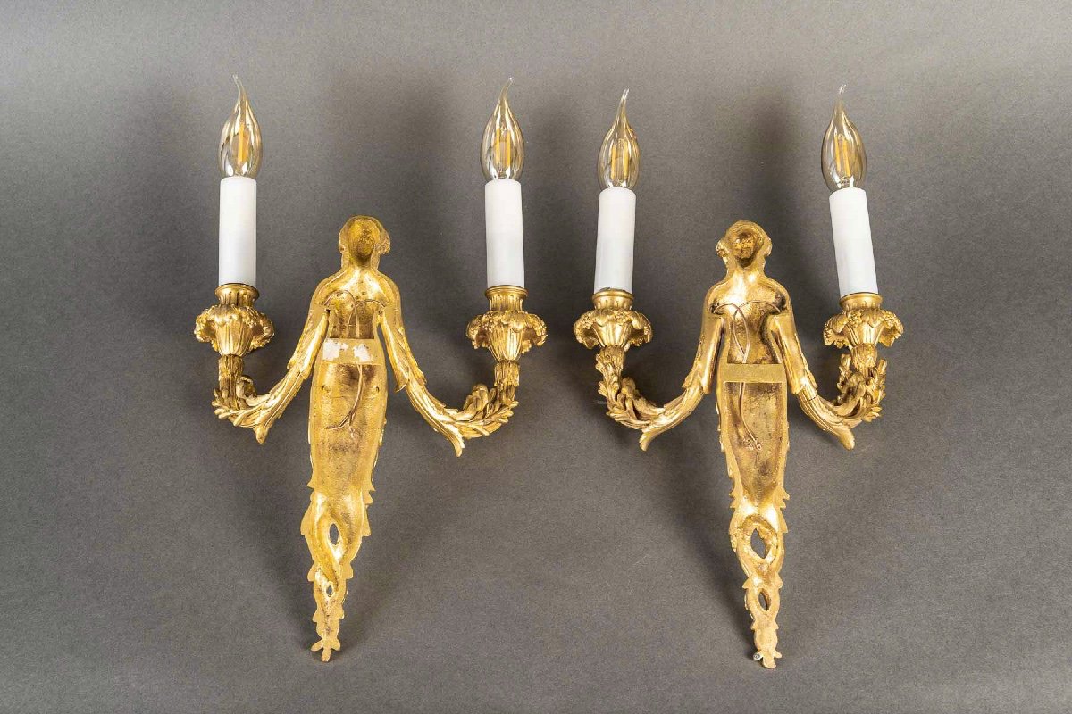 A Pair Of Louis XVI Style Aux Termes De Femmes Sconces In Chiseled And Gilt Bronze Circa 1850-photo-5