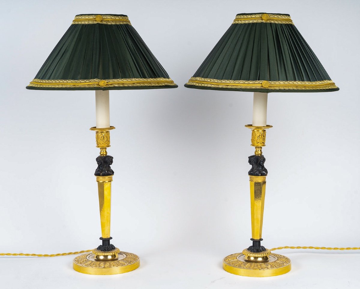 Claude Galle (1759 - 1815) Montée En Lampes Paire De Flambeaux En Bronze Dit Aux Merveilleuses