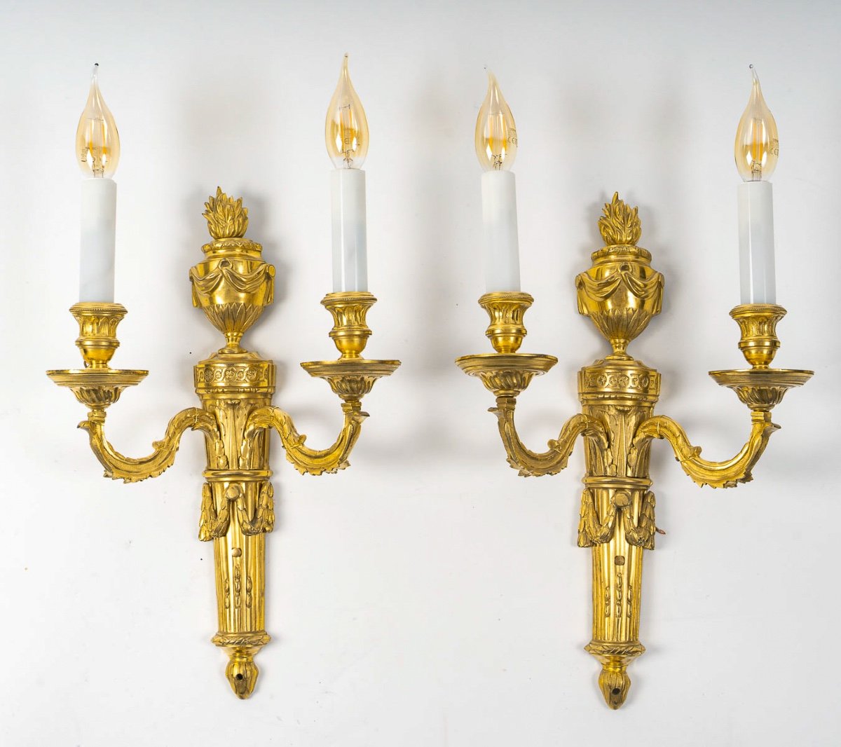 Pair Of Louis XVI Style Two-light Wall Sconces In Gilded And Chiseled Bronze, Circa 1780-1790-photo-2