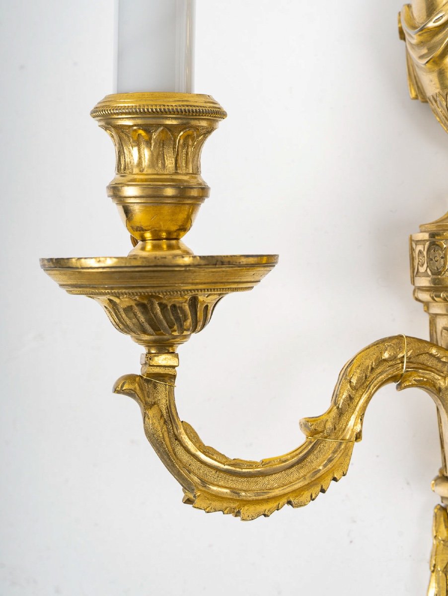 Pair Of Louis XVI Style Two-light Wall Sconces In Gilded And Chiseled Bronze, Circa 1780-1790-photo-1