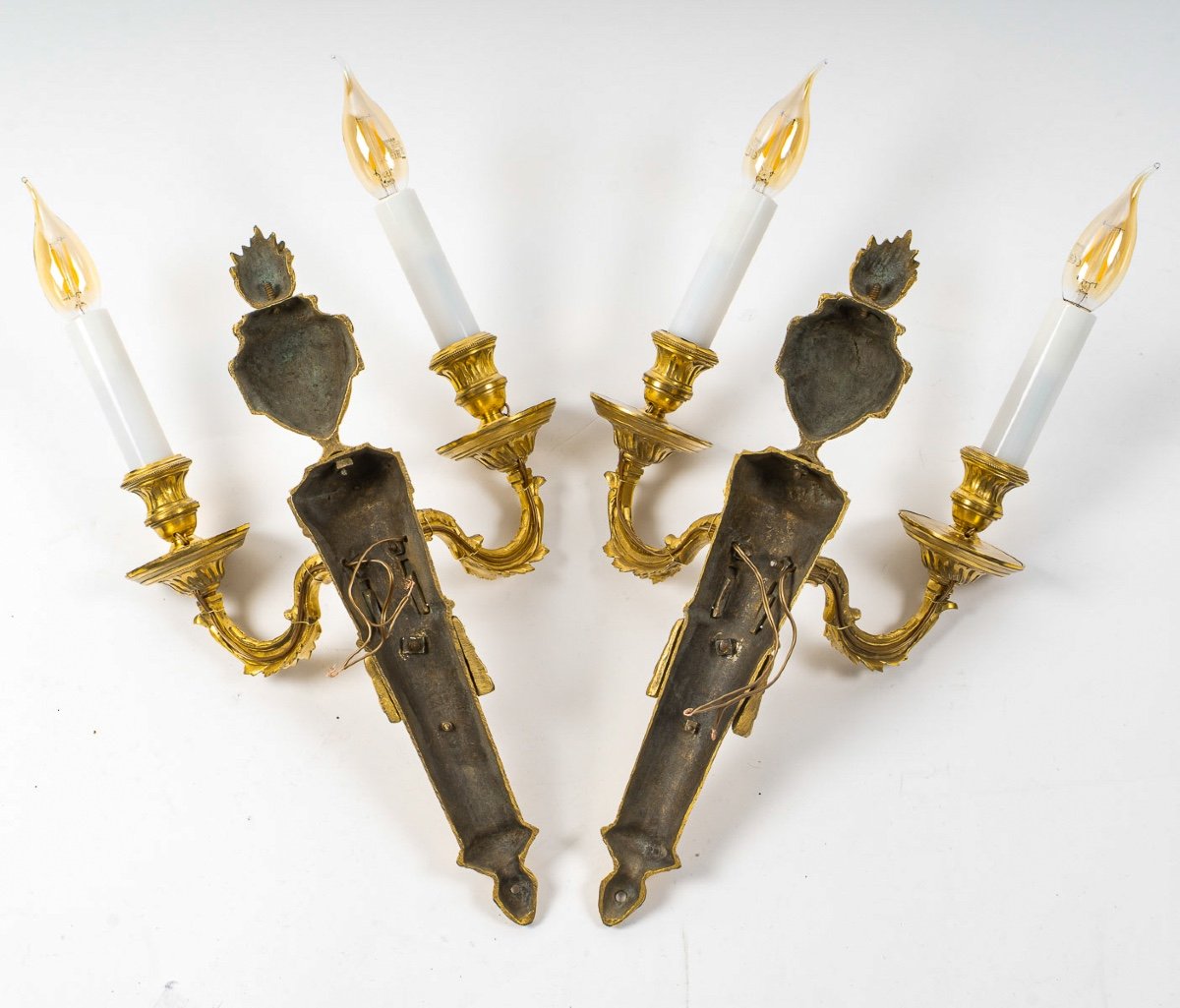 Pair Of Louis XVI Style Two-light Wall Sconces In Gilded And Chiseled Bronze, Circa 1780-1790-photo-4