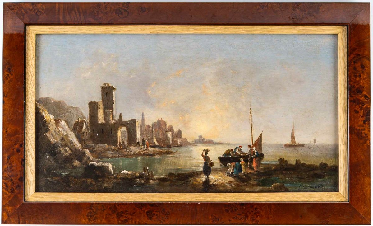 Charles-euphrasie Kuwasseg: Return Of The Fishermen And Unloading Of Fish Pair Of Il On Wood-photo-2