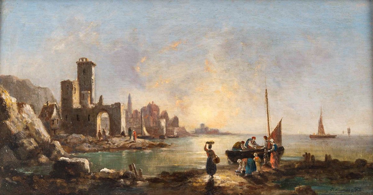 Charles-euphrasie Kuwasseg: Return Of The Fishermen And Unloading Of Fish Pair Of Il On Wood-photo-3