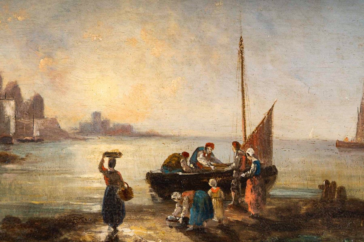 Charles-euphrasie Kuwasseg: Return Of The Fishermen And Unloading Of Fish Pair Of Il On Wood-photo-4