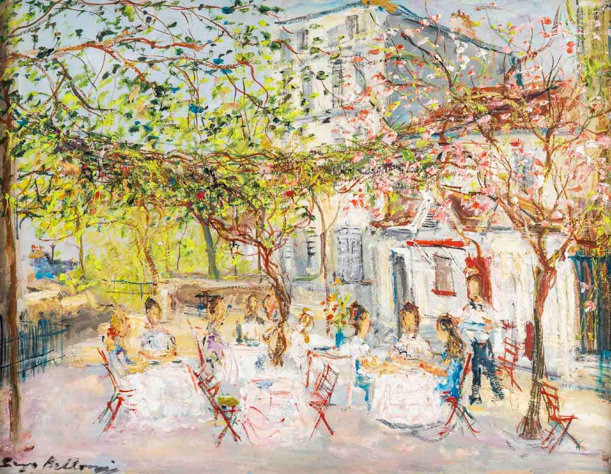 Serge Belloni (1925-2005), "montmartre Chez Plumeau", Huile Sur Bois, Vers 1980-photo-2