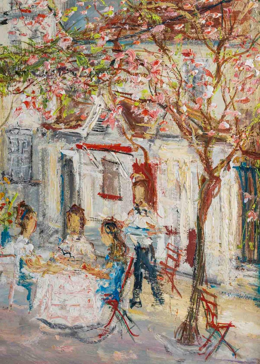 Serge Belloni (1925-2005), "montmartre Chez Plumeau", Huile Sur Bois, Vers 1980-photo-1