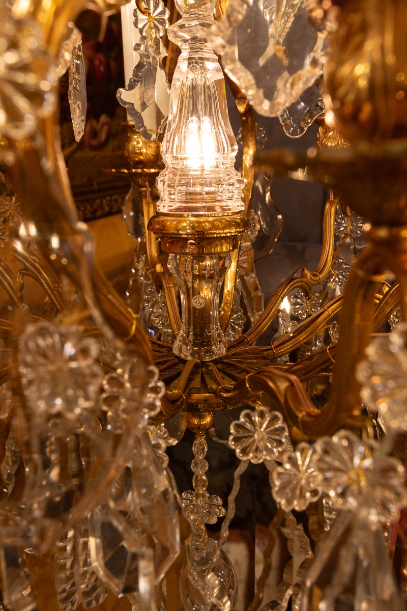 Signed By Baccarat Small Louis XV Style Chandelier In Gilt Bronze And Cut Crystal, Circa 1890-photo-2