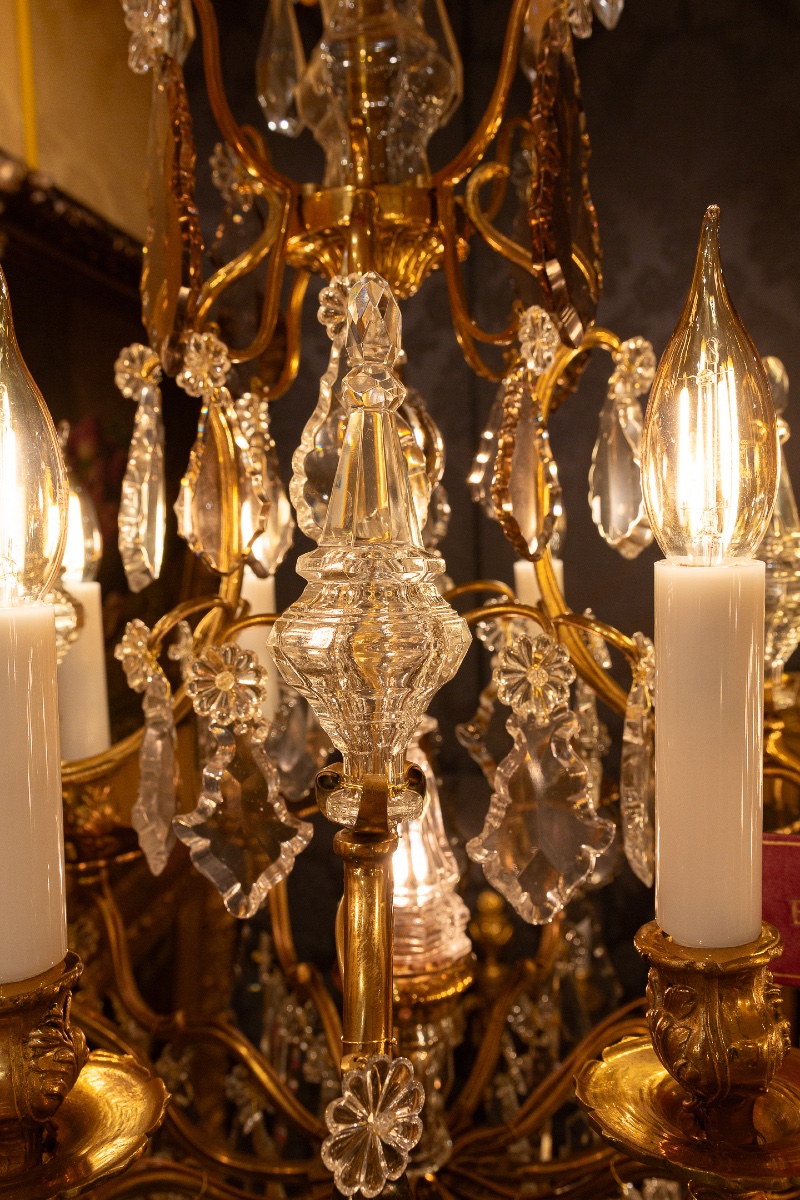 Signed By Baccarat Small Louis XV Style Chandelier In Gilt Bronze And Cut Crystal, Circa 1890-photo-3