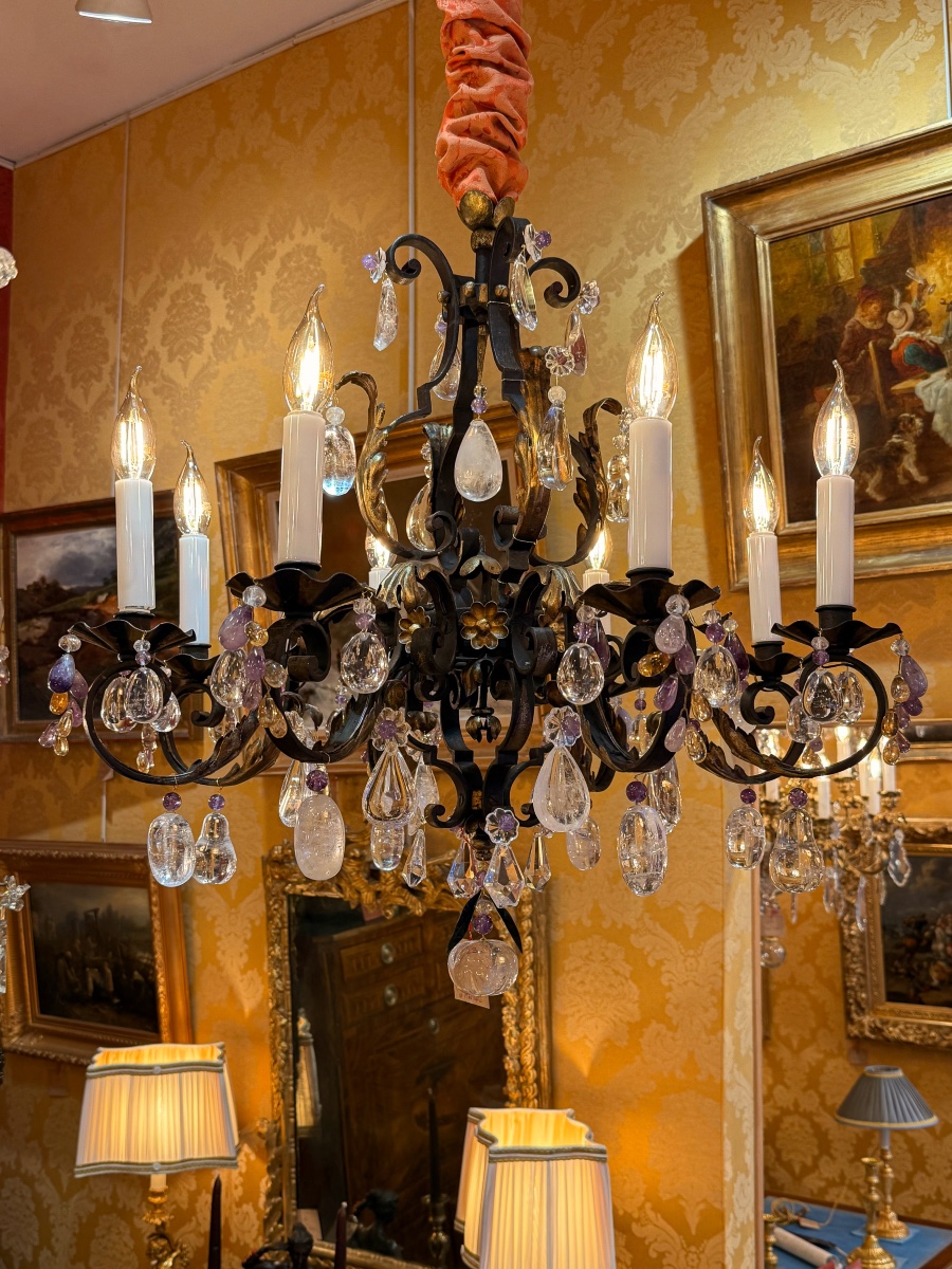 Wrought Iron And Gilded Iron Chandelier Decorated With Rock Crystal And Amethysts, Circa 1870-1880-photo-8
