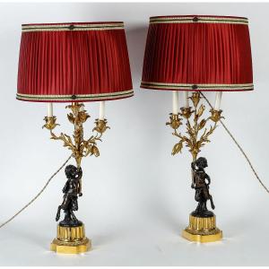 Paire De Candélabres De Style Louis XVI En Bronze à Décor De Faunes Vers 1860 Montés En Lampes
