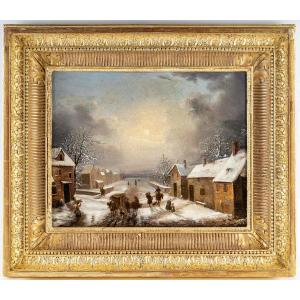 Louis-claude Malbranche (1790-1838) Scene Of Country Life Under The Snow Oil On Canvas