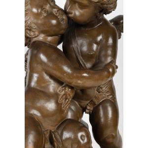 Large Terracotta Group After Claude-augustin Cayot - Cupid And Psyche 19th Century