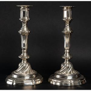 Pair Of Silver-plated Bronze Candlesticks With Cut-off Shafts Régence Period Circa 1720