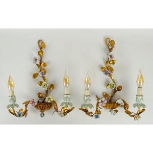 Pair Of Sconces In Gilded Iron With Gold Leaf And Polychrome Porcelain Decoration Circa 1920  