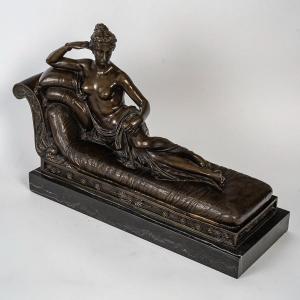 d'Après Antonio Canova (1757-1822) - Pauline Borghèse Dite Venus Vitrix En Bronze Et Marbre