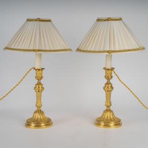 Pair Of Chiseled And Gilded Bronze Candlesticks Mounted As Lamps Of Louis XVI Style