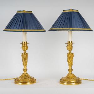 Maison Gagneau Pair Of Chiseled Gilt Bronze Candlesticks Mounted In Lamps Of Louis XVI Style