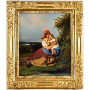 Julien Michel Gué (1789-1843) Pastoral Portrait Of A Woman And Her Child Oil On Canvas 1820