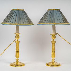 Restoration Period Pair Of Chiseled Gilt Bronze Candlesticks Mounted As Lamps Circa 1820