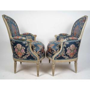 Denis Jullienne Received Master In 1775 Pair Of Louis XVI Period Bergeres In Lacquered Natural Wood