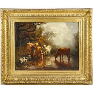 Theodore Levigne (1848-1912) Cows Drinking At The Pond Oil On Canvas Circa 1875