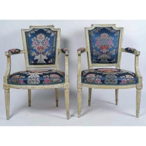 Pair Of Armchairs Of Louis XVI Period With Gendarme Hat Backs In Lacquered Wood Circa 1780