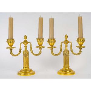 Pair Of Small Gilt Bronze Candelabra In The Louis XVI Style Signed Risler Et Carré