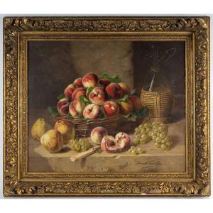 Alfred Arthur Brunel De Neuville Nature Morte Aux Pêches Poires Et Raisins Huile Sur Toile