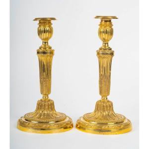 Pair Of Chiseled Gilt Bronze Candlesticks Louis XVI Period Circa 1780