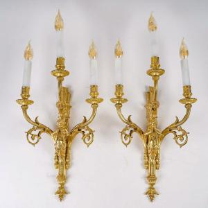 Pair Of Louis XVI Style Ormolu Sconces With Child Musicians Late 19th Century