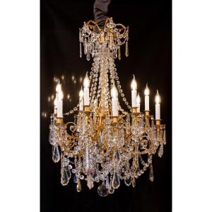 Louis XVI Style Chandelier In The Shape Of A Rod In Chiseled Gilded Bronze And Cut Crystal Signed Portieux